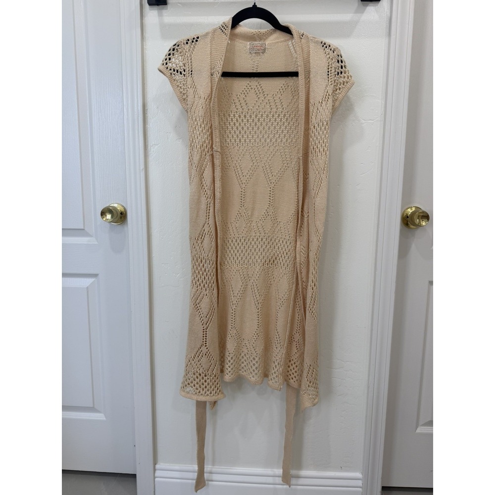 Vintage Cardi Duster Long Open Knit Beaded Belt Beige S Boho Festival Y2K